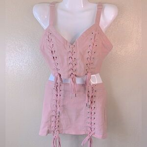 Dolls Kill Club EXX Gothic Cosplay Twill Lace Up Blush Mini Skirt Set Size L